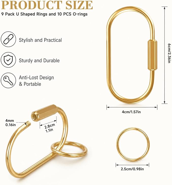 senbowe 9 Pack Gold Brass Key Rings, Carabiner KeyChain Clip with 10 O-Rings, Screw Lock Keys Organizer, Purse Bag Charms