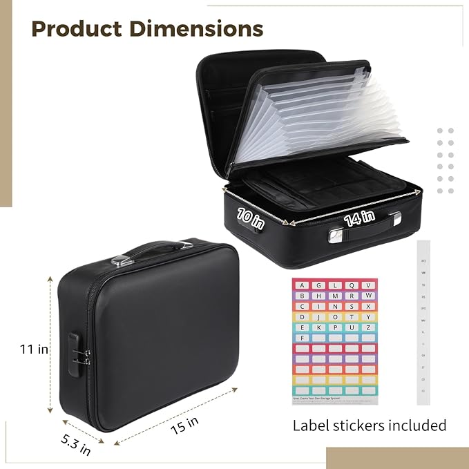 Fireproof Document Box with Lock, Hard Shell Fireproof Safe Case, File Organizer with Expandable Filing Compartments, Portable & Waterproof Storage Box for Home Travel