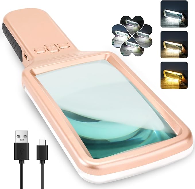 15X Rechargeable Magnifying Glass with Light, Real Glass Page Lens, 3 Color Modes Stepless Dimmable, Lighted Handheld Magnifier for Reading Small Prints, Seniors with Low Vision - Rose Gold