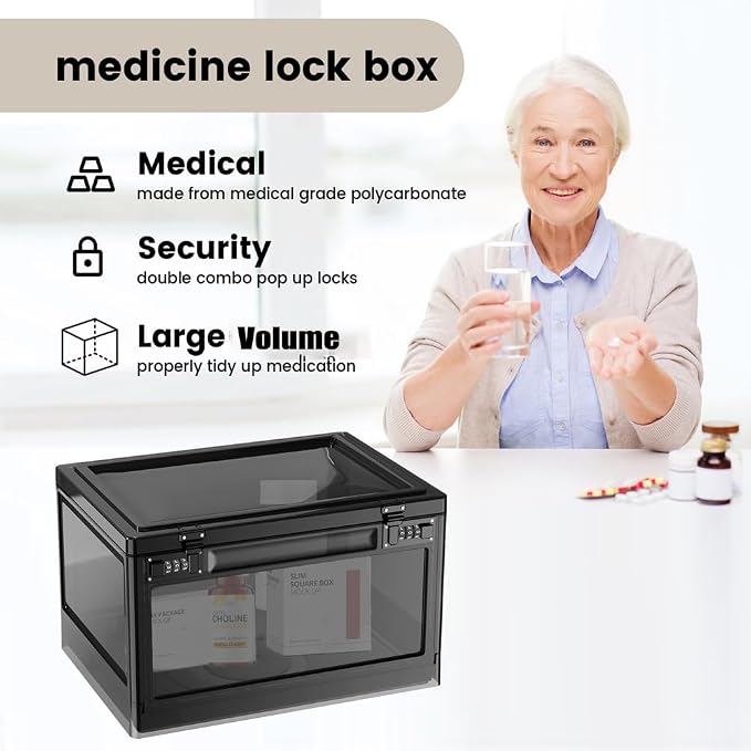 Large Medicine Lock Box for Safe Medication,24 Litre Lockable Storage Box with 3 Combination Code Stackable Medication Lock Box,Storage Box with Lock for Personal Items/Electronic/Snack/Fridge/Office