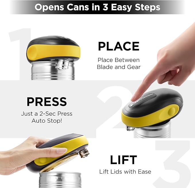 Kitchen Mama One-To-Go Electric Can Opener: One Touch, Auto Stop, Smooth Edge, Lid Lift, Safety, Automatic, Magnetic, Cordless, Battery Operated, Kitchen Appliance for Senior with Arthritis (Yellow)