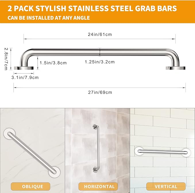 2 Pack Grab Bars for Bathroom, 24 Inch Chrome Stainless Steel Shower Grab Bar, 304 Stainless Steel Safety Grab Bar for Bathtubs and Showers, 500lbs Support Shower Bar for Seniors for Christmas Gifts