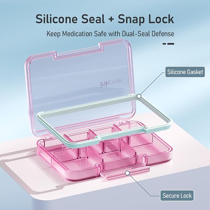 Small Pill Organizer, Waterproof & Portable Pill Case for Daily Travel - Adjustable 7 Compartments Compact Medicine Holder for Vitamins, Pills, Perfect for Purse or Pocket (Blue)