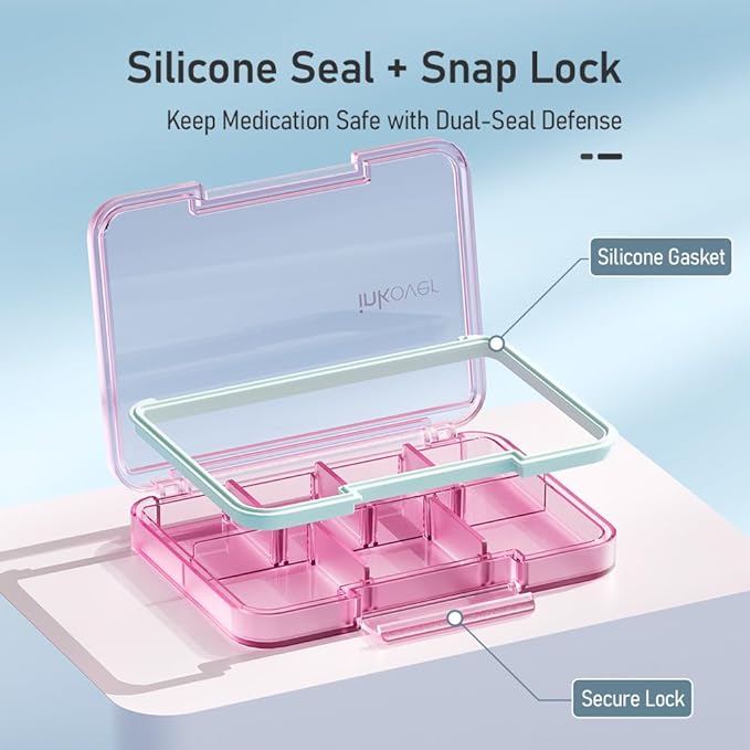 Small Pill Organizer, Waterproof & Portable Pill Case for Daily Travel - Adjustable 7 Compartments Compact Medicine Holder for Vitamins, Pills, Perfect for Purse or Pocket (Pink)