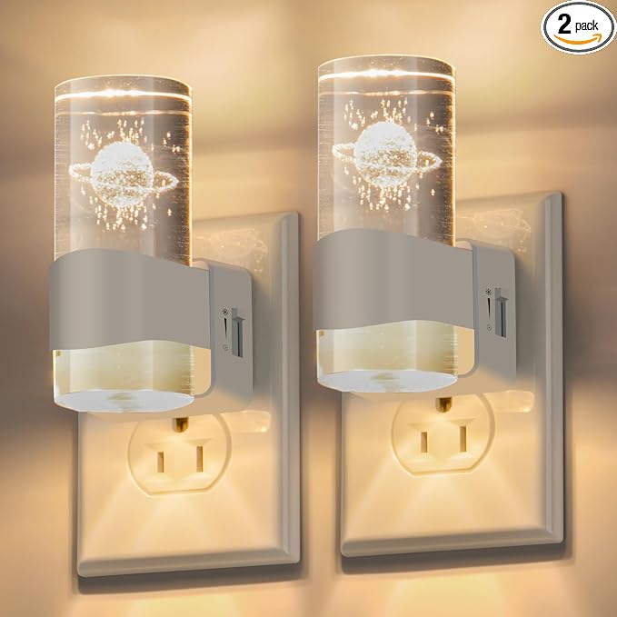 LED Night Light 2 Pack, Dimmable, Dusk to Dawn Sensor, 0-100 LM Adjustable Brightness, 3000K, Wall Mounted, Starry Sky Pattern Etched Within，Applies to Bedroom, Hallway, Plug in Night Light