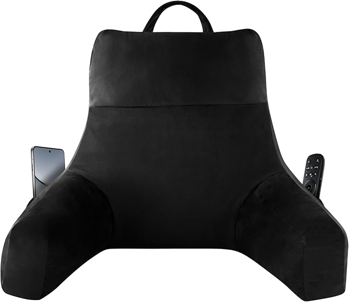 Back Pillow for Bed Sitting up, Reading Pillow for Sitting in Bed Adult, Back Support Pillow, Memory Foam Sit up Lounge Backrest Pillow with Arms for TV, Couch, Chair, Dorm, 18 Inch, Black