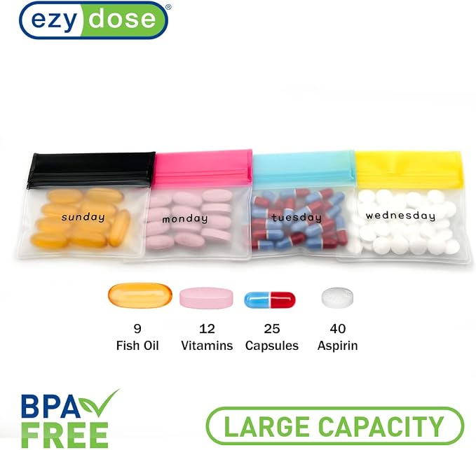 Ezy Dose Reusable 7-Day Travel Pill Pouch Set, Colored Days of the Week | Durable Travel-Sized Baggies, Includes Days of The Week Labels w/Color for Easy Identification, Silicone Storage