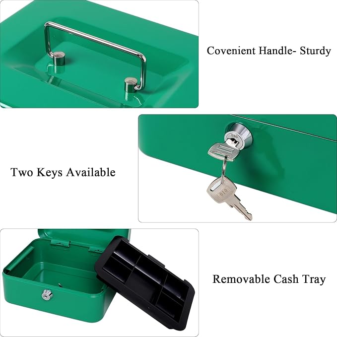 Jssmst Medium Cash Box with Key Lock - Durable Metal Cash Box with Money Tray, Green, Medium