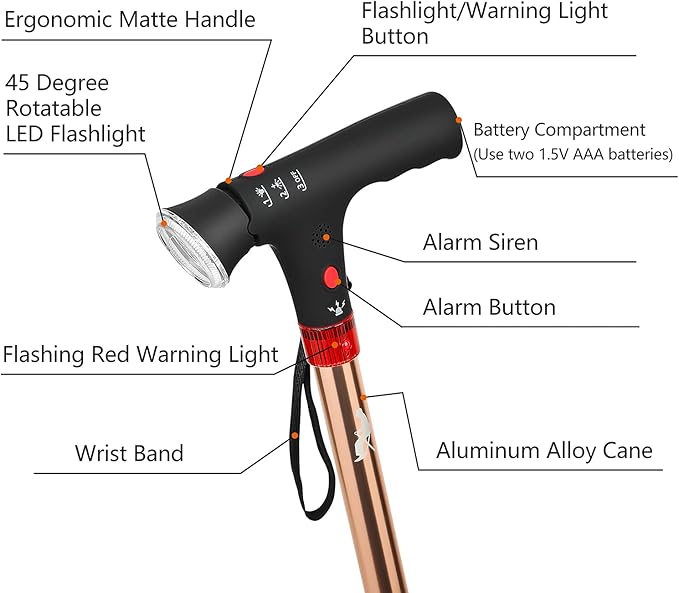 Cane with Seat for Men 220 lbs Capacity, Height Adjustable Foldable Stick Chair Cane and Stool Dual-use with LED Flashlight, Warning Light and Alarm for Elderly and Adults.
