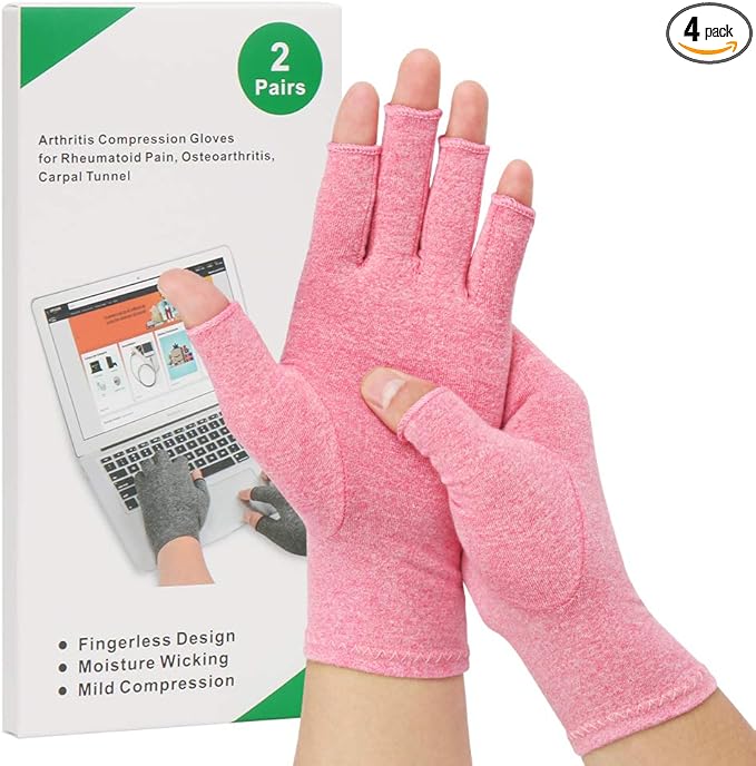 2-Pair Arthritis Compression Gloves for Alleviate Rheumatoid Osteoarthritis, Carpal Tunnel Raynauds Disease, Fingerless Design Breathable & Moisture, Women and Men(Pink, Small)