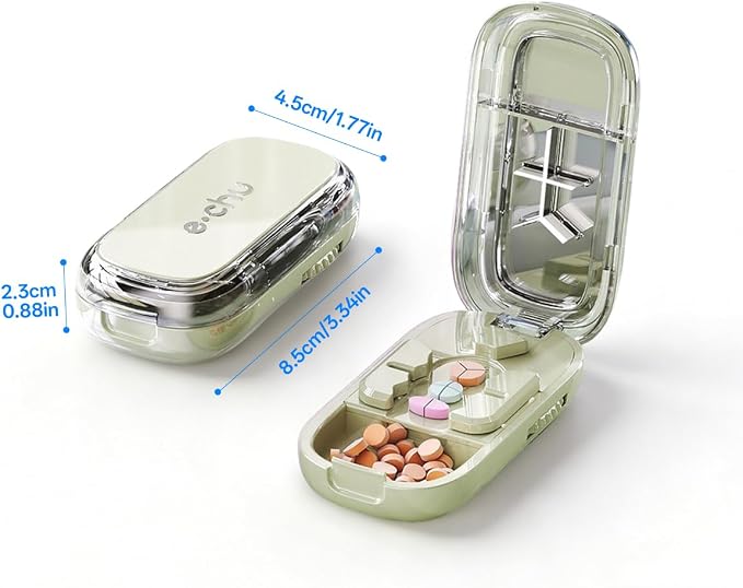 Pill Cutter Splitter for Small and Tiny Large Pills,Adjustable Pill Splitter Push-Button Cuts into 1/2, 1/3, 1/4，Comes with a Small Brush and a Medicine Storage Box (Green, 1/3 Tablet)