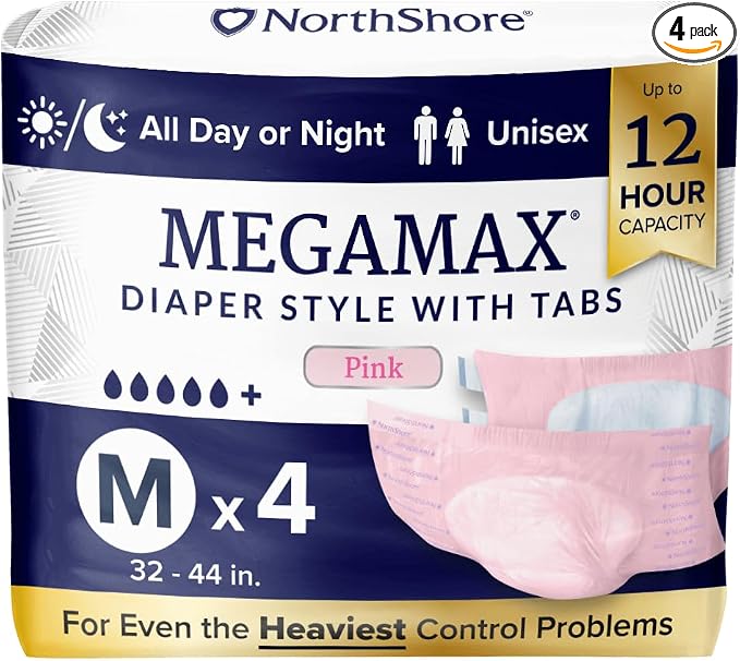 NorthShore MegaMax 12-Hour HBL Adult Diapers for Heavy Bladder Leaks, Medium, 4 Count, Pink, 32-44 inches, Tab-Style Incontinence Underwear for Men, Women & Teens