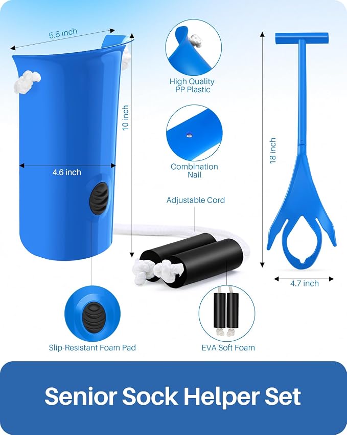 Jellas Sock Aid for Putting On Socks Kit,4.6 Inch Sock Helper for Seniors | Flexible Long Rope Design, Easy Put On Take Off Socks, Comfort Independence Helper, Blue