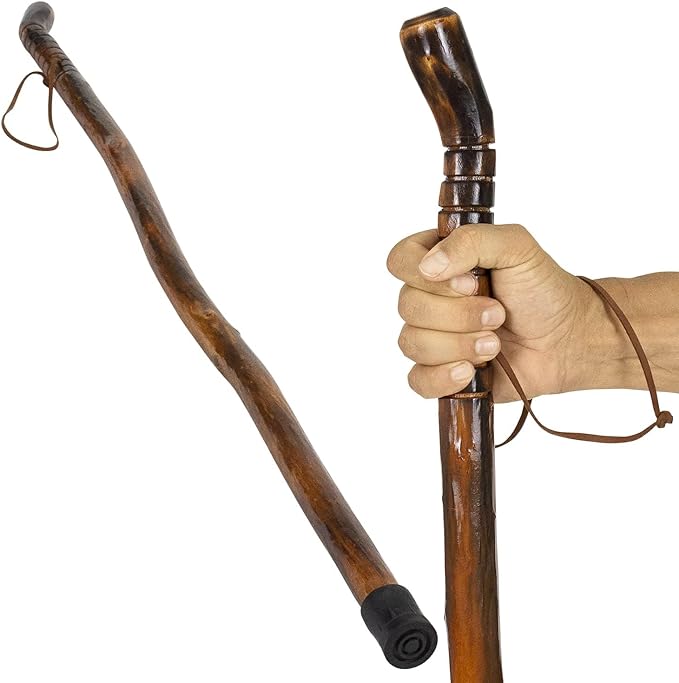 Vive Wooden Walking Stick for Hiking - Handcrafted, Waterproof, with Leather Wrist Strap - Wood Staff for Balance, Women, Men, Seniors - Non-Slip Tip for Safety