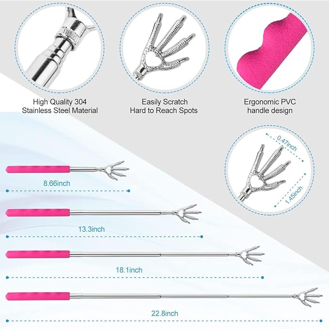 4 Pcs Different Style Back Scratcher Metal Portable Telescoping Tool, Extendable Back Massager Back Scratcher with a Box, Great Gifts for Men Women Stocking Stuffers (Pink)