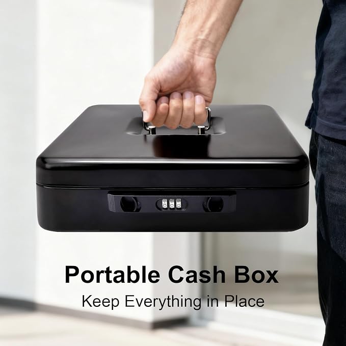 Jssmst Cash Box with Sliding Coin Lid and Snap Latch Combination Lock - Portable Cash Box with Money Tray and Lock, Secure Locking Money Box for Cash Organizer, 11.8L x 9.5W x 3.5H Inches, Black