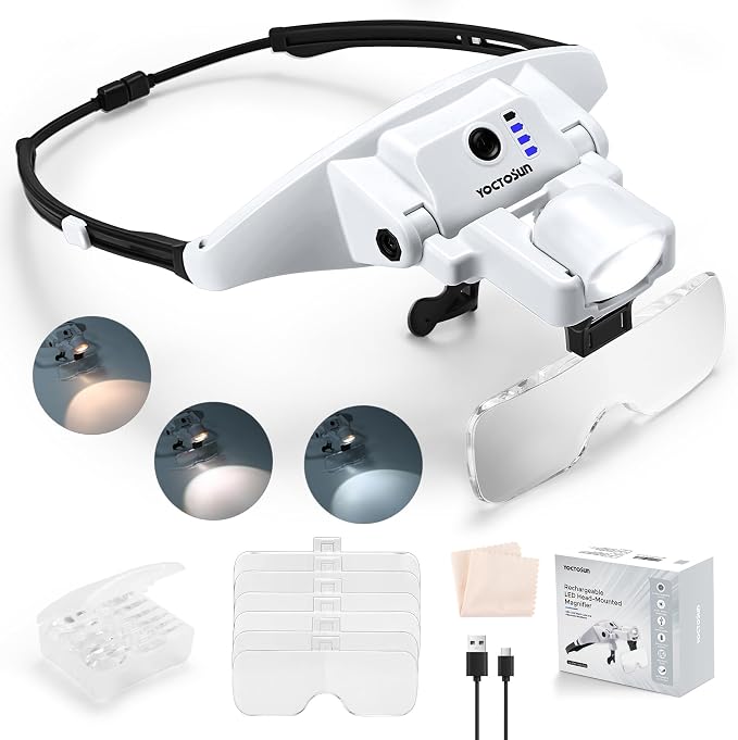 YOCTOSUN Magnifying Glass with Light, 1.0X–4.0X Headband Magnifier | Detachable 6 Lenses,3 Light Colors, Rechargeable Hands-Free LED Head Magnifier for Close Work, Crafts, Sewing, Jewelry
