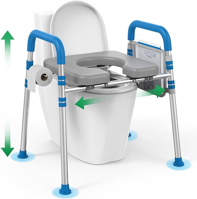 Loyoda Raised Toilet Seat Risers with Handles, Height and Width Adjustment | Soft Padded Elevated Toilet Seat for Elderly & Disabled Adults, Supports 500 LBS, Universal Toilet Fit, FSA/HSA Eligible