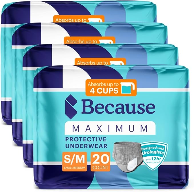 Because Maximum Incontinence Underwear for Men - Heavy Bladder Leak Protection, Ideal for Overnight Leakage, Sleek, Invisible Fit, Grey, Small/Medium -Absorbs 4 Cups - 80 Count (4 Packs of 20)