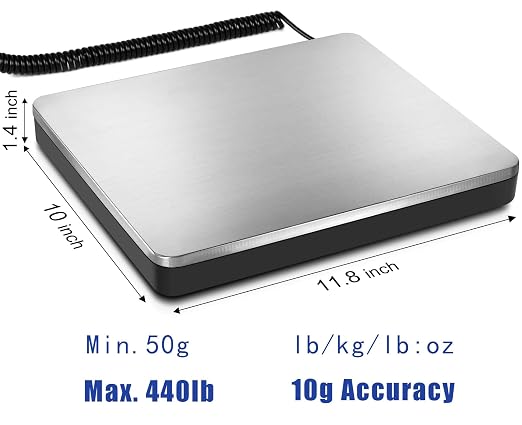 Fuzion Shipping Scale 440lb x 10g Accuracy, Postal Scale with Hold/Tare, Digital Shipping Scale for Packages Small Business, Luggage, Battery & AC Adapter