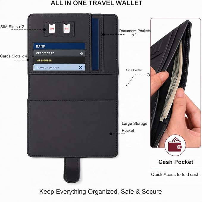 Passport Holder with Air-Tag Slot RFID Blocking Leather Travel Wallet | Multiple Card Compartments, SIM Card Access, Compact Carry Design, Flight Ready Essentials for Men & Women, Black
