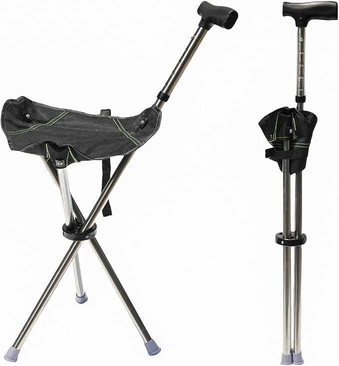 FATTCHIAR Cane with Seat, Walking Stick with Seats, Cane Chair Capacity 330lbs, Adjustable Height Folding Lightweight Portable Stool for Adults Seniors Hiking Camping