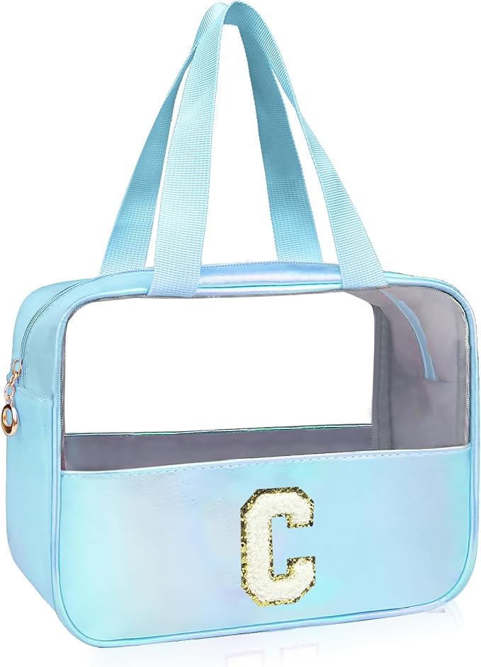 Personalized Initial Clear Makeup Bag Blue Cosmetic Bag Set Large Travel Toiletry Bag, Cute Clear Make Up Bags Organizer Bag for Girlfriend Teacher Gifts Teen Girl Gifts Trendy Stuff C (Blue)