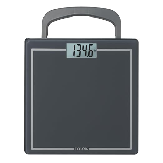 Taylor Digital Bathroom Scale with Handle, Blue Gray Glass Platform, 440 lb Capacity, 12x12 Inch