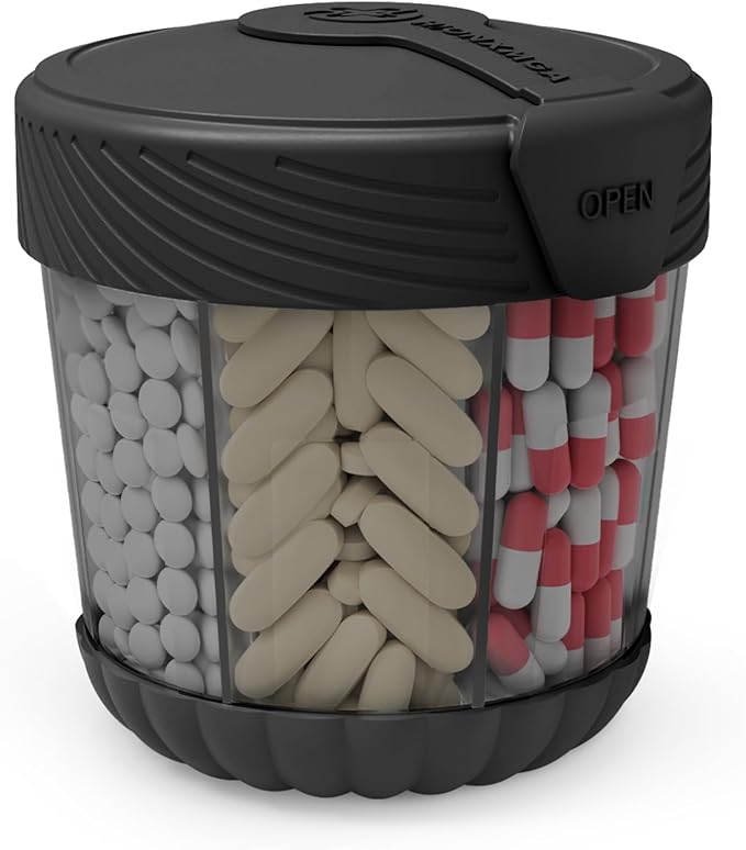 Pill Dispenser with 7 Large Compartments,Portable Pill Bottle Organizer for Travel,Anti-Mixing Supplement Organizer Easy Twist Wide-Opening Pill Container with 20Pcs Labels,Translucent Black