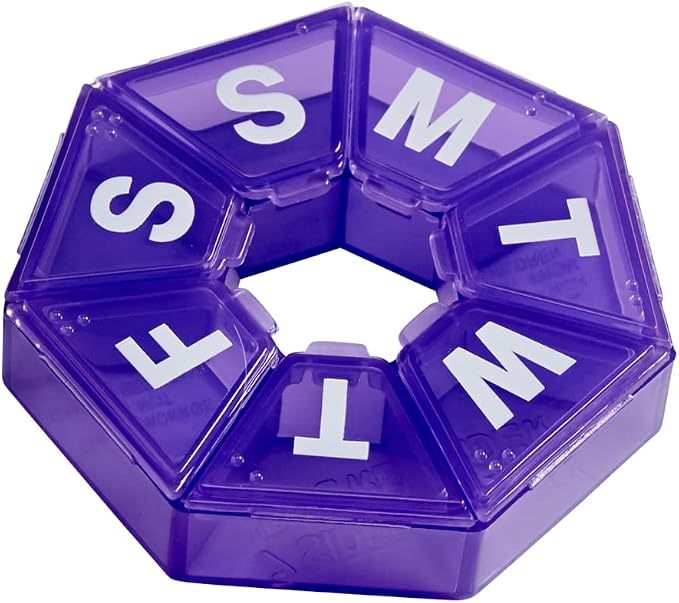 EZY DOSE 7-Day Weekly Pill Organizer, Daily Medicine Container and Vitamin Planner, Round Supplement Case, Compact, Travel Friendly, Portable Storage Sorter, 7-Sided Circle, Purple, BPA Free