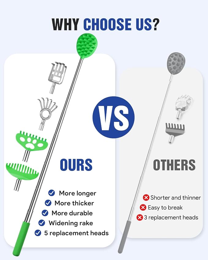 Telescoping Back Scratcher with 5 Detachable Heads, Gifts for Men Dad Green | 10-31'' Reach,Stainless Steel, Non-Slip Grip, Birthday Gifts for Men Women, Christmas Stocking Stuffers, White Elephant Gifts
