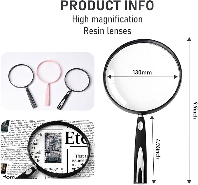 Feosky Handheld Reading Magnifier, 10X Magnifier, 130mm Shatterproof Lens, Non-Slip Handle for Adults Close Work, Seniors Reading and Nature Exploration, Hobby Observation(Pink)