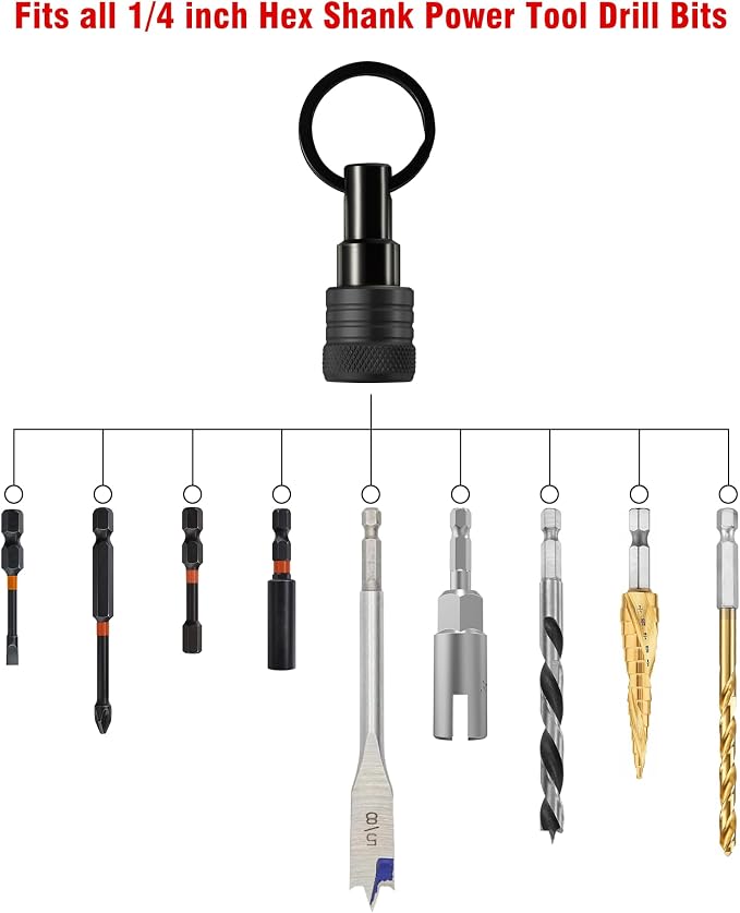 Katerk Bit Holder Keychain 12 Pcs, 1/4-Inch Hex Shank, Quick Release, Black | Aluminum Alloy, Impact Drivers, Drill Bits, Tool Belt Use, Carabiner Clip, One-Handed Operation, Ball Lock, Compact Organizer