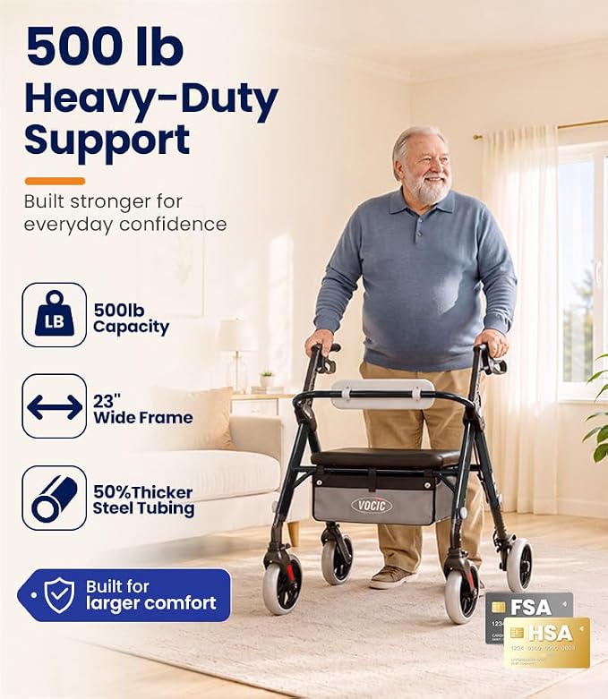 VOCIC Z11 Rollator Walkers for Seniors with Seat, 500 LBS Load, Ultra Wide | High-capacity support, 23" wide frame, ergonomic seat, dual brakes, and slim fold for home, shopping & daily walks, Black