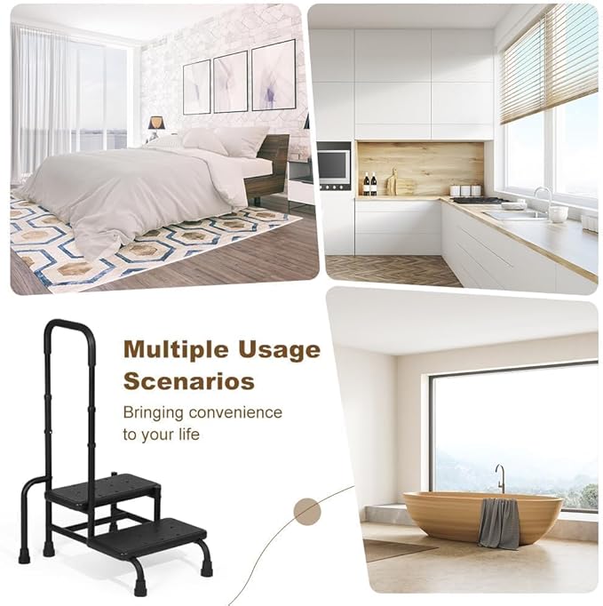 Step Stool with Handle, Heavy Duty 2 Step Stool for Elderly with Adjustable Handrail and Non-Skid Platform, Bed Steps for High Beds for Adults, Seniors, Handicap, Hold up to 400LBS