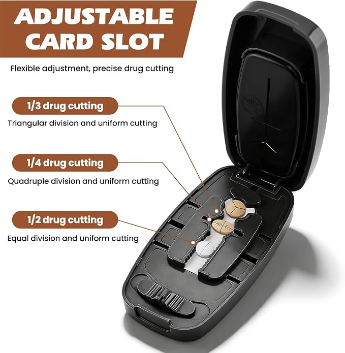 Pill Cutter for Small and Tiny Pills, 1/2 1/3 1/4 Pill Splitter with Adjustable Guide & Non-Slip Base, Stainless Steel Blade, Accurate and Easy Cutting for Vitamins and Tablets(Color:Dark Gray)