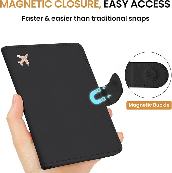 Passport Holder for Travel Essentials, RFID Blocking Leather Cover Wallet with Magnetic Closure, Aesthetic & Cute Passport Book Case for Women and Men - Black
