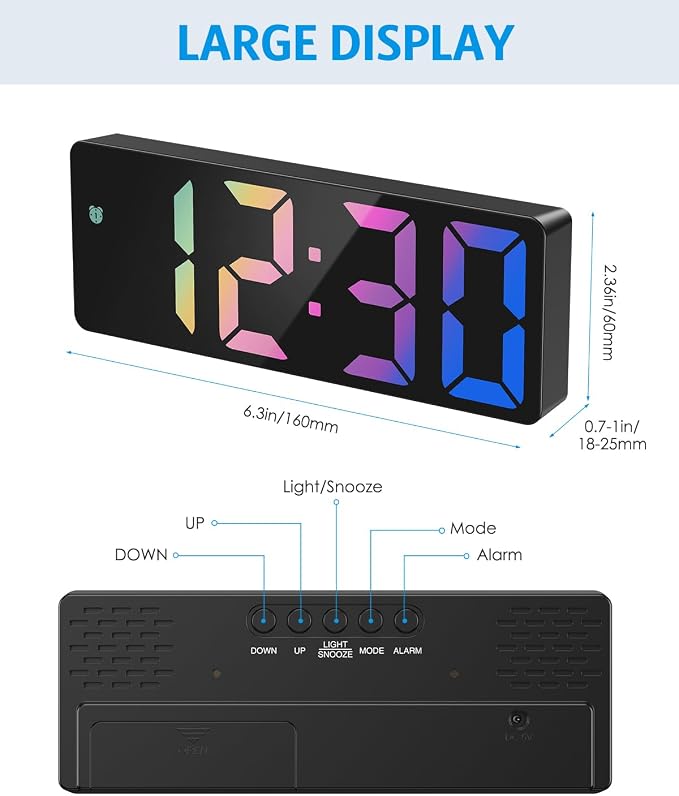 AMIR Digital Alarm Clock Large Display, LED Alarm for Bedroom, USB/Battery Powered Bedside Alarm Clock with Snooze, 12/24H, 3 Adjustable Brightness, Temperature, Desk Clock for Home, Office, Colorful