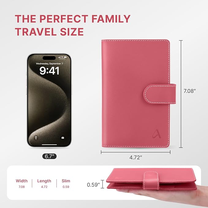 ALLIVE passport holder for travel family of 4, RFID Blocking Passport Wallet Document Organizer for Women & Men, Genuine Leather Cover with AirTag holder, Airport Essentials, Travel Gift (Rose Pink)