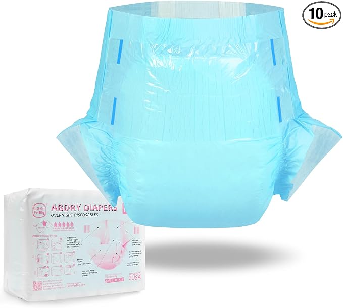 Littleforbig Adjustable Tapes Adult Diaper 10 Pieces - ABDry Ultra Absorbent Diapers 6500 mL Blue (X-Large 48"-56")