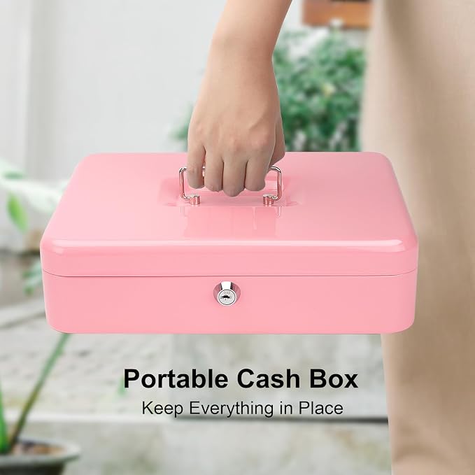 Jssmst Cash Box with Money Tray and Lock - Pink Cash Box with Key Lock Safe Money Box Large, Locking Register Drawer for Money, 11.8'' x 9.5'' x 3.5'', SM-CB005PK