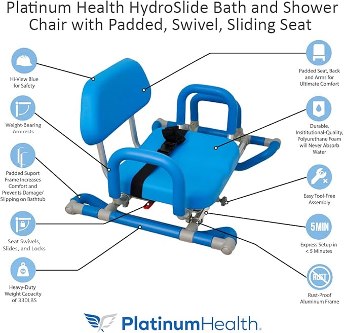 Platinum Health HydroSlide Sliding Shower Chair Swivel Seat for Bathtub, Soft, Padded with industry-exclusive, patented Gap-Bridge safety feature. Padded Armrests. Ideal for Elderly and Seniors (Blue)