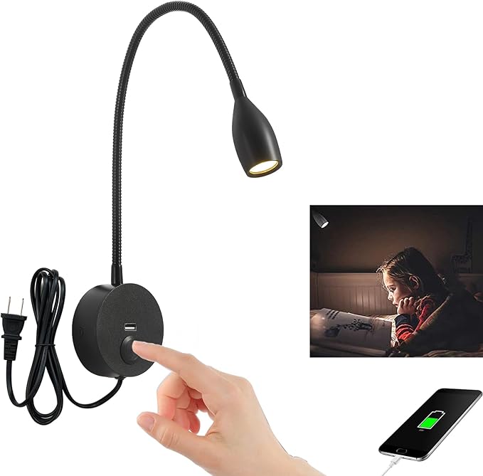 LED Wall Reading Light with USB Charging Port, Dimmable Gooseneck Bedside Lamp, Flexible Arm, 3W (Black, 120V Plug in, Warm White)