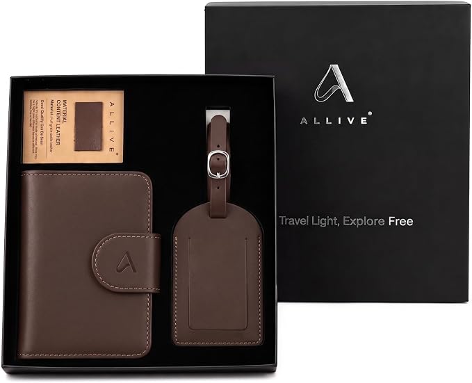 ALLIVE Genuine Leather Passport Holder for Travel with Hidden AirTag Pocket, RFID Blocking Passport Travel Wallet with Luggage Tag & Premium Gift Box, Holiday Gift for Women and Men (Coffee Brown)
