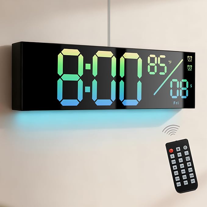 11-Inch LED Digital Wall Clock with RGB Flowing Light, Seconds,Date,Time,Temperature｜Large Clear Display, Countdown Timer,Dual Alarms,Remote Control｜Silent Modern Clock for Bedroom, Living Room,Office