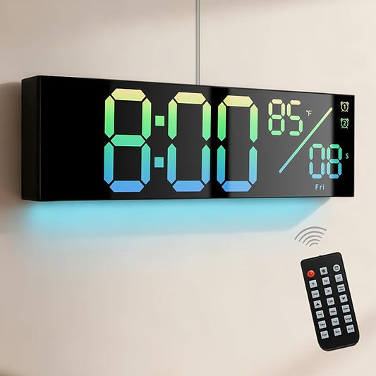 11-Inch LED Digital Wall Clock with RGB Flowing Light, Seconds,Date,Time,Temperature｜Large Clear Display, Countdown Timer,Dual Alarms,Remote Control｜Silent Modern Clock for Bedroom, Living Room,Office