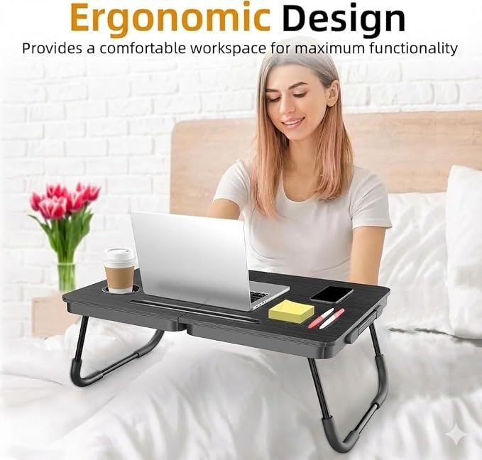 BUYIFY 23.4" Foldable Lap Desk Bed Table with Cup Holder Tray Charcoal | Portable Folds Flat for Easy Storage, No Assembly Laptop Bed Desk, Sturdy and Lightweight, Patent Design
