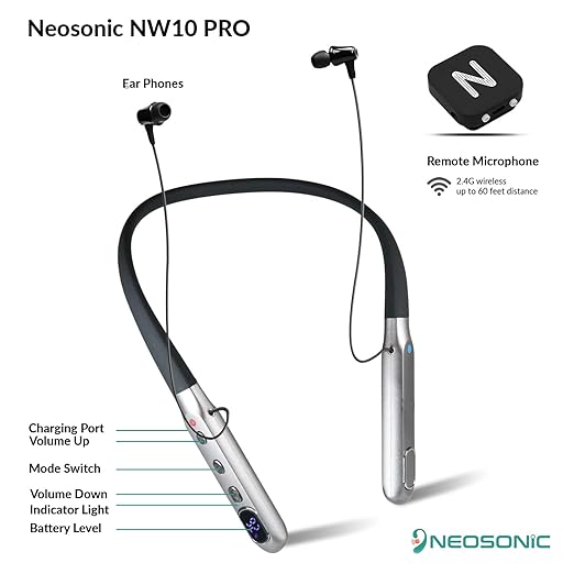 Neosonic Rechargeable Hearing Amplifier to Aid TV Watching and Conversation, Wireless Neckband Headphones for Seniors & Adults, External Microphone Noise Cancelling, Works 50 Hours Per Charge - NW10 Pro