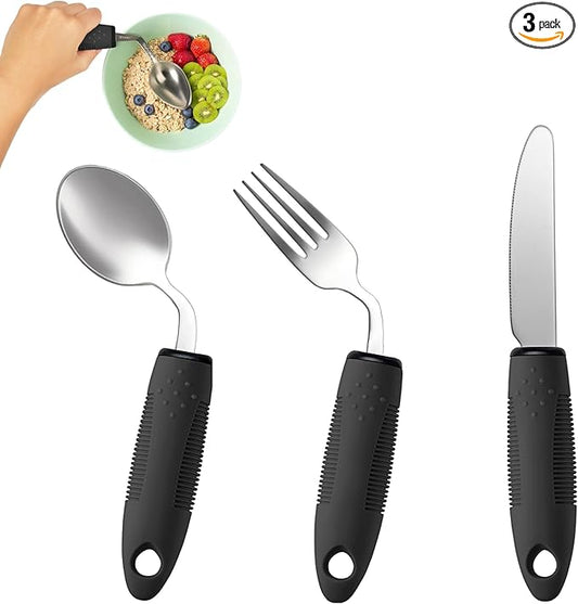 3-Piece Adaptive Utensils Set - 42° Angled Parkinsons Utensils, 2.5 oz Weighted Utensils for Tremors and Parkinsons Patients, Easy Grip Weighted Silverware for Hand Tremors (Right-Handed)