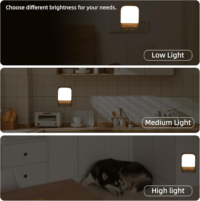 LED Night Light Plug into Walls, Plug-in, Dusk to Dawn Motion Sensor with 4 Lighting Modes, Brightness Adjustable Warm White, Energy Efficient, Ideal Nightlight for Elderly, Baby, Kids (2 Pack)